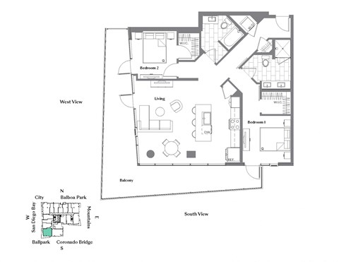 Floor plan for 2 beds, 2 baths, 1203 sqft